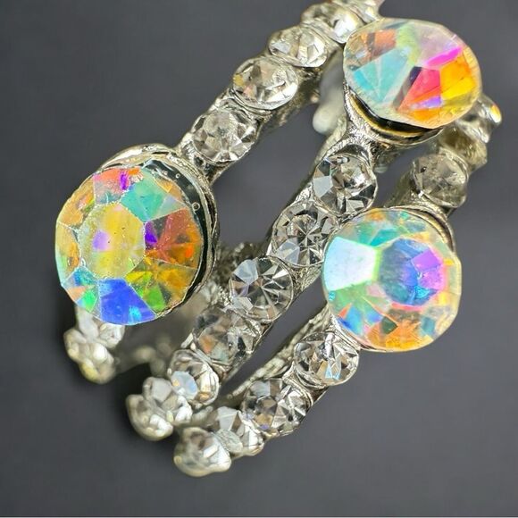 Adjustable Aurora Borealis Statement Ring Triple Band Silver Tone Sparkle - Picture 15 of 16